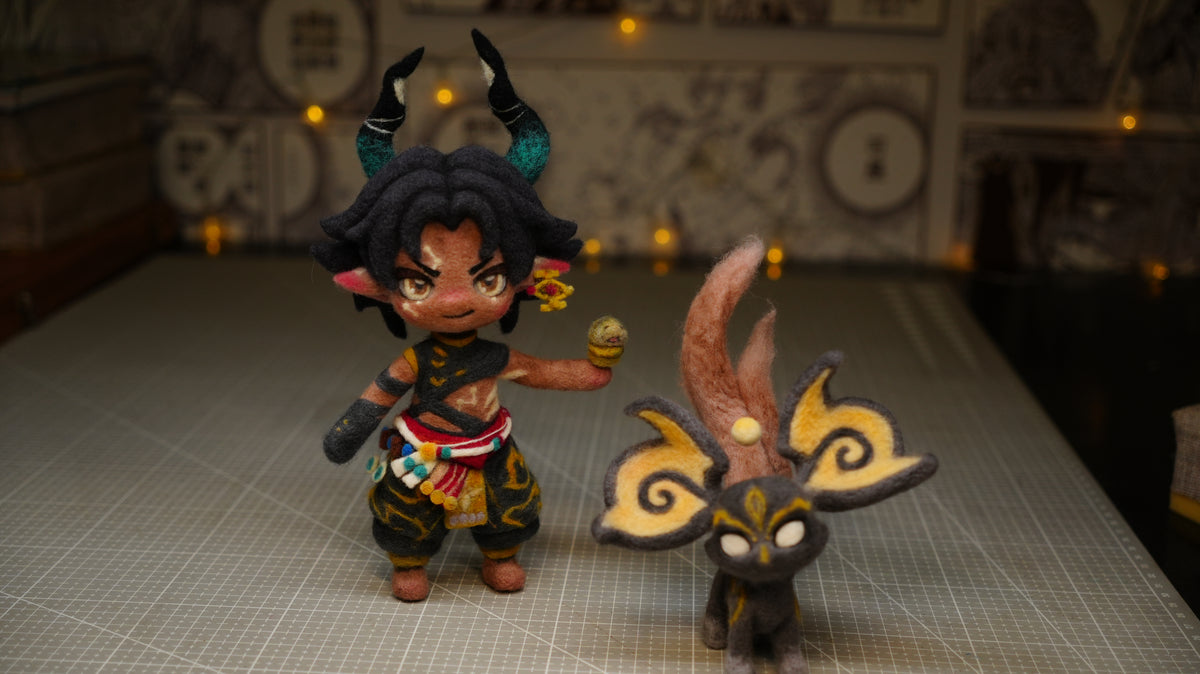 Handmade One-Off Wool Felt Art Doll | "Ghost Golden Ram" (Gui Jin Yang) Mythological Deity & Spirit Beast Set (22cm)