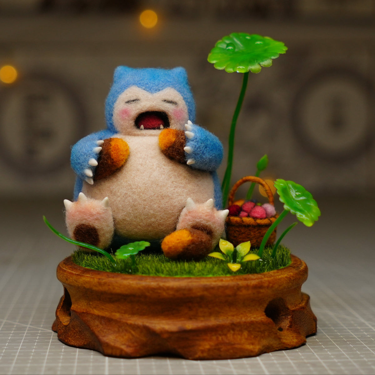 Handmade One-Off Wool Felt Art Doll | "Sleepy Snorlax" with Miniature Diorama Base Set (11cm)