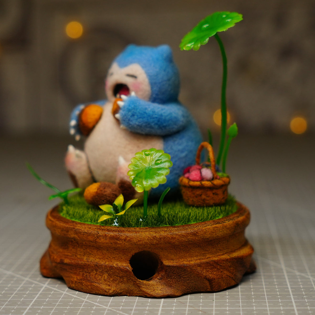 Handmade One-Off Wool Felt Art Doll | "Sleepy Snorlax" with Miniature Diorama Base Set (11cm)