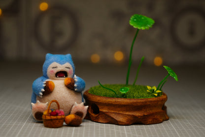Handmade One-Off Wool Felt Art Doll | "Sleepy Snorlax" with Miniature Diorama Base Set (11cm)