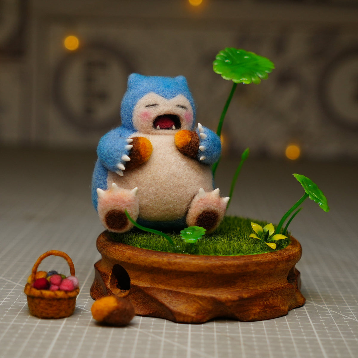Handmade One-Off Wool Felt Art Doll | "Sleepy Snorlax" with Miniature Diorama Base Set (11cm)
