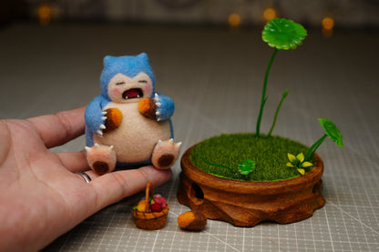 Handmade One-Off Wool Felt Art Doll | "Sleepy Snorlax" with Miniature Diorama Base Set (11cm)