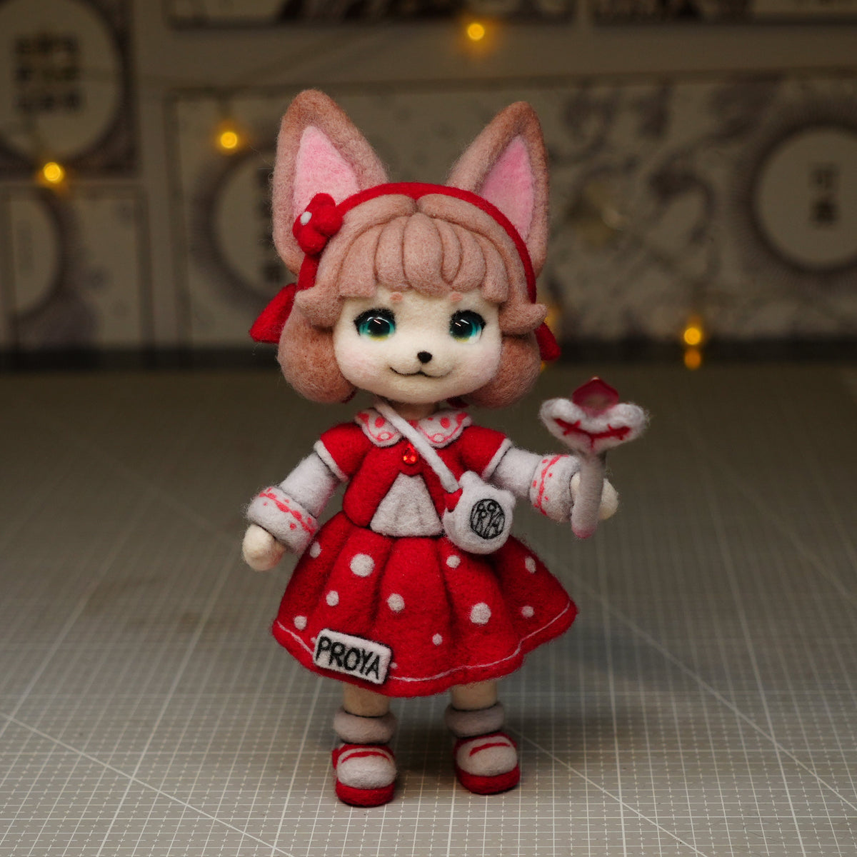 Handmade Wool Felt Art Doll | "Ruby Girl" (21cm) with Miniature Pet Dog & Keepsake Set (OOAK)
