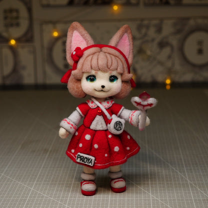 Handmade Wool Felt Art Doll | "Ruby Girl" (21cm) with Miniature Pet Dog & Keepsake Set (OOAK)