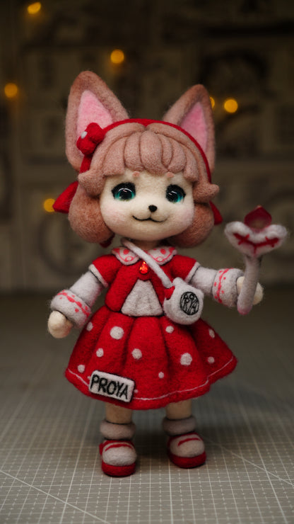Handmade Wool Felt Art Doll | "Ruby Girl" (21cm) with Miniature Pet Dog & Keepsake Set (OOAK)