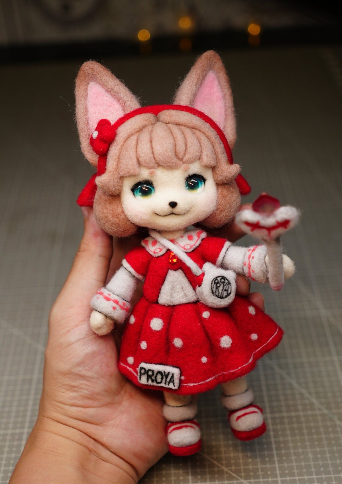 Handmade Wool Felt Art Doll | "Ruby Girl" (21cm) with Miniature Pet Dog & Keepsake Set (OOAK)