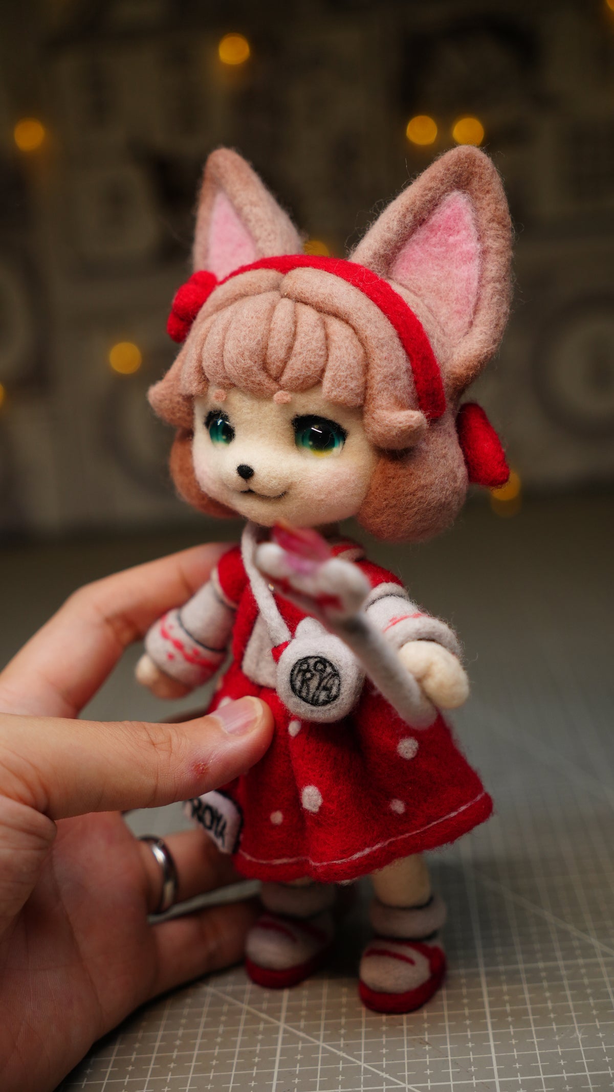 Handmade Wool Felt Art Doll | "Ruby Girl" (21cm) with Miniature Pet Dog & Keepsake Set (OOAK)