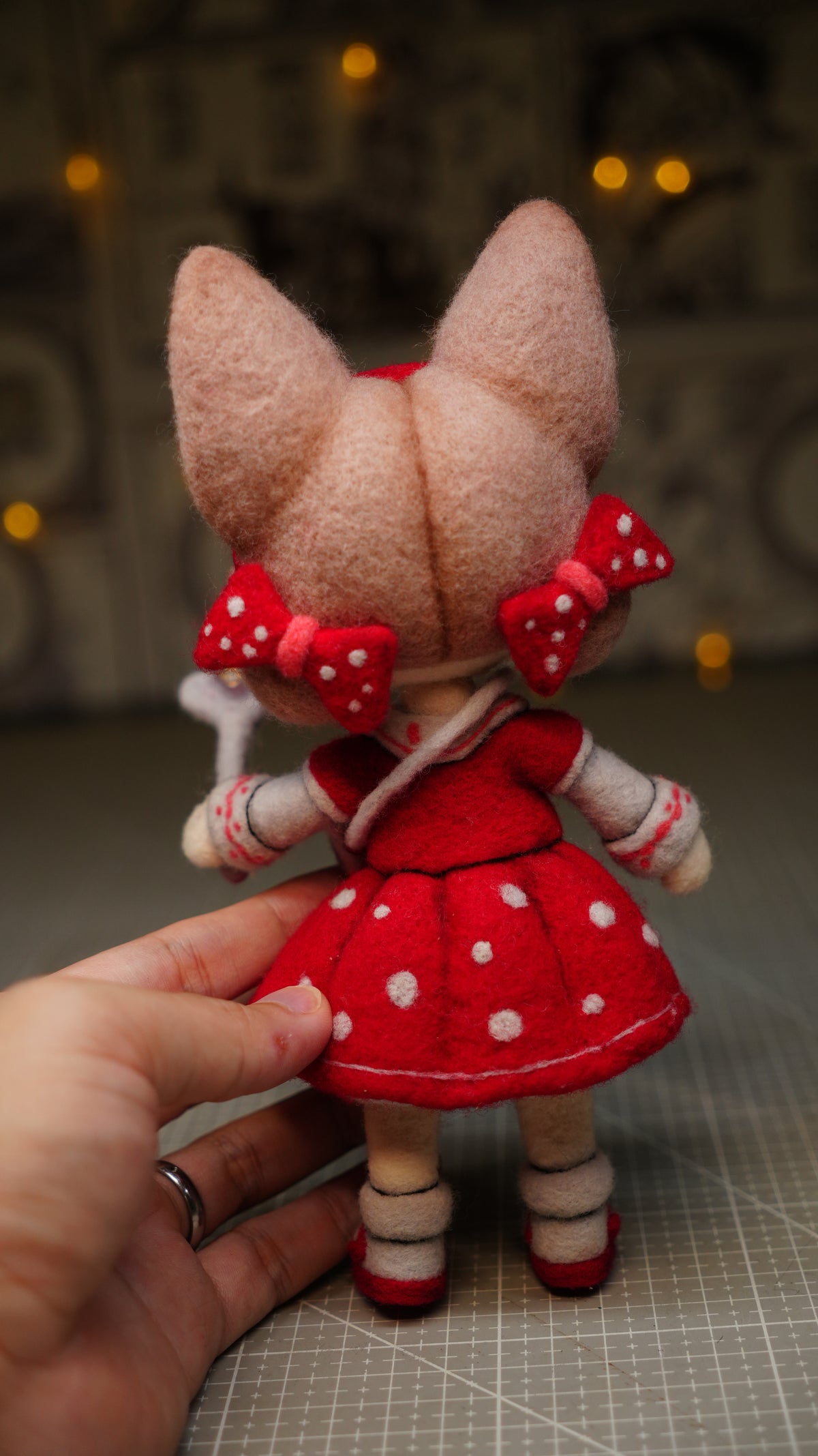 Handmade Wool Felt Art Doll | "Ruby Girl" (21cm) with Miniature Pet Dog & Keepsake Set (OOAK)