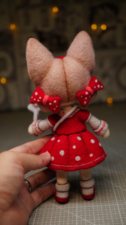 Handmade Wool Felt Art Doll | "Ruby Girl" (21cm) with Miniature Pet Dog & Keepsake Set (OOAK)
