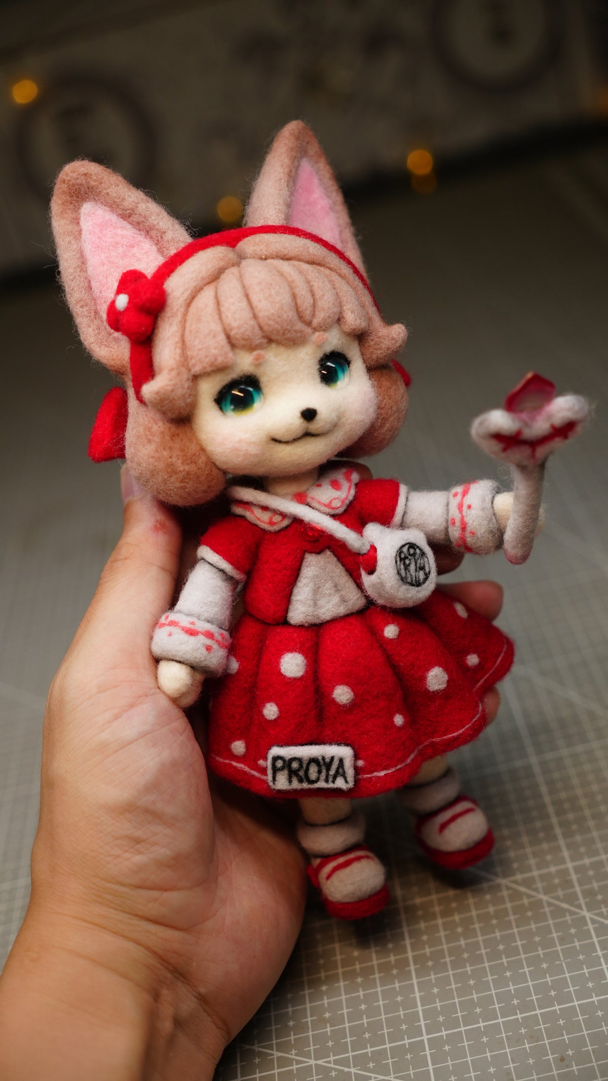 Handmade Wool Felt Art Doll | "Ruby Girl" (21cm) with Miniature Pet Dog & Keepsake Set (OOAK)