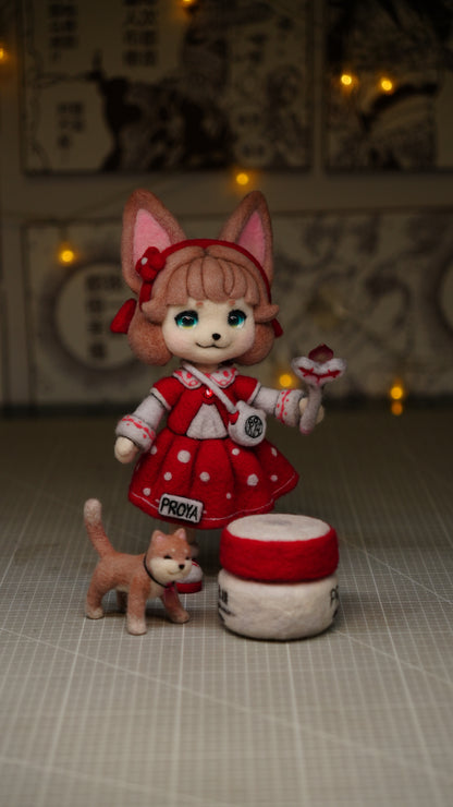 Handmade Wool Felt Art Doll | "Ruby Girl" (21cm) with Miniature Pet Dog & Keepsake Set (OOAK)