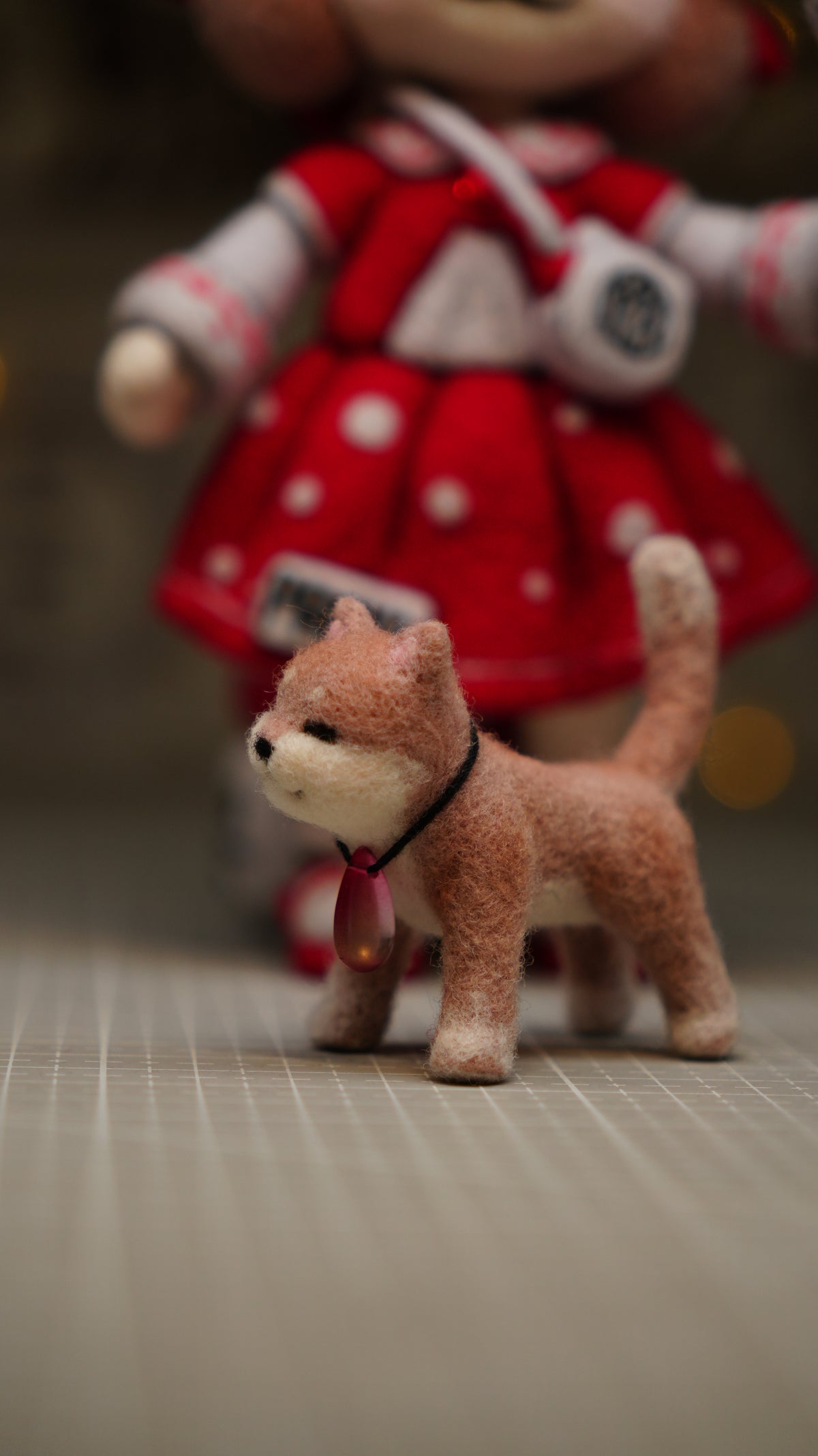 Handmade Wool Felt Art Doll | "Ruby Girl" (21cm) with Miniature Pet Dog & Keepsake Set (OOAK)