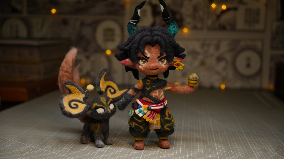 Handmade One-Off Wool Felt Art Doll | "Ghost Golden Ram" (Gui Jin Yang) Mythological Deity & Spirit Beast Set (22cm)