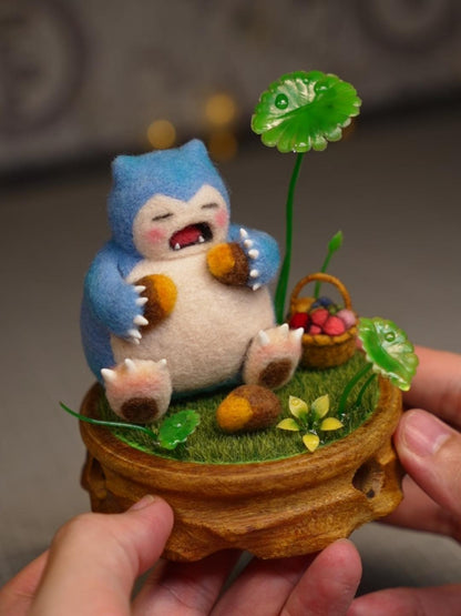 Handmade One-Off Wool Felt Art Doll | "Sleepy Snorlax" with Miniature Diorama Base Set (11cm)