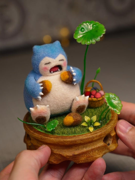 Original Handcrafted Wool Felt Art Doll | "Chubby Blue Bear" with Miniature Diorama Base Set (11cm)