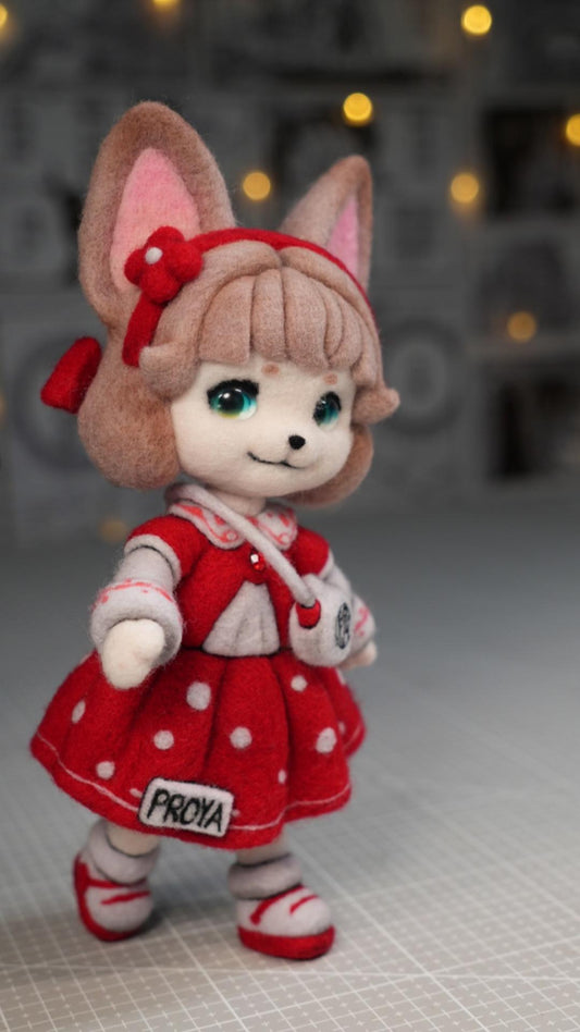 Handmade Wool Felt Art Doll | "Ruby Girl" (21cm) with Miniature Pet Dog & Keepsake Set (OOAK)